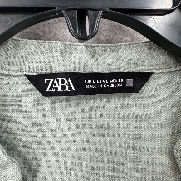 Zara Top Womens LG Linen Viscose Slouchy Sage Green Button Down Crop Blouse - Picture 10 of 15